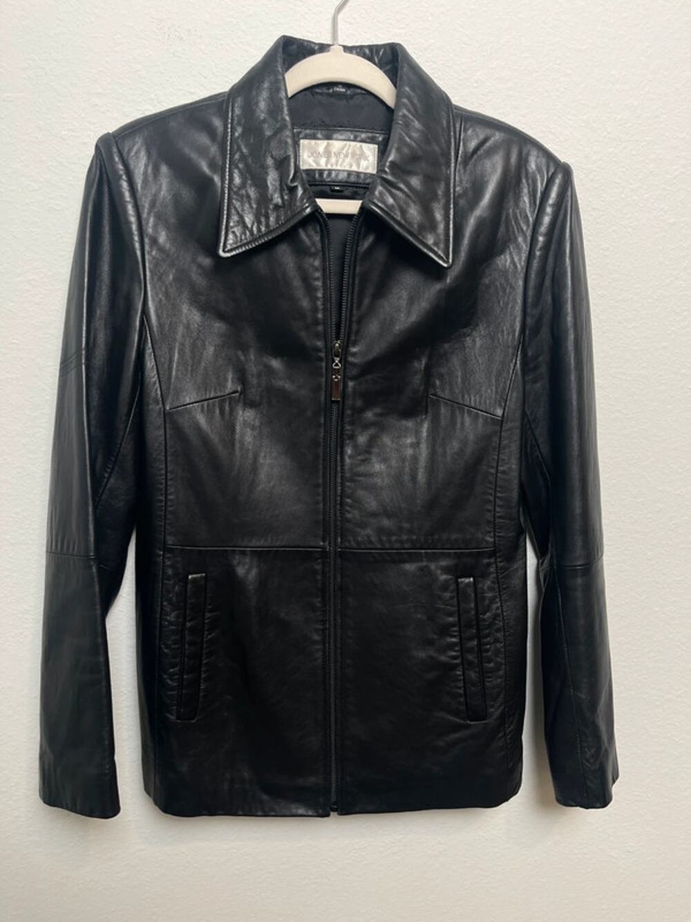 Jones New York Genuine Leather Black Zip Front Jacket Women’s Medium Y2K